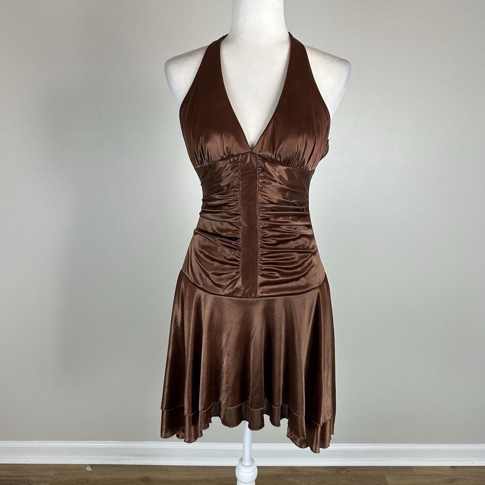 M Mini Dress Asymmetrical Silky Satin Ruched Chocolate Rhinestone Halter Y2K